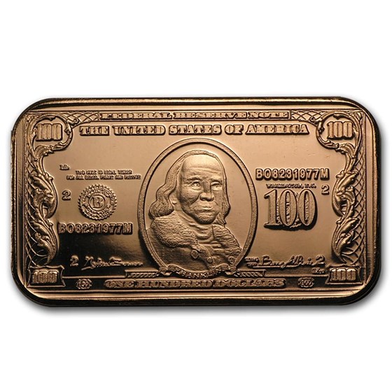 1 oz Copper Bar - $100 Benjamin Franklin Banknote Replica 1 oz Copper Bar - $100 Benjamin Franklin Banknote Replica